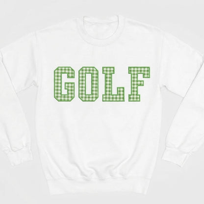 White sweatshirt with 'GOLF' in green checkered letters on a white background
